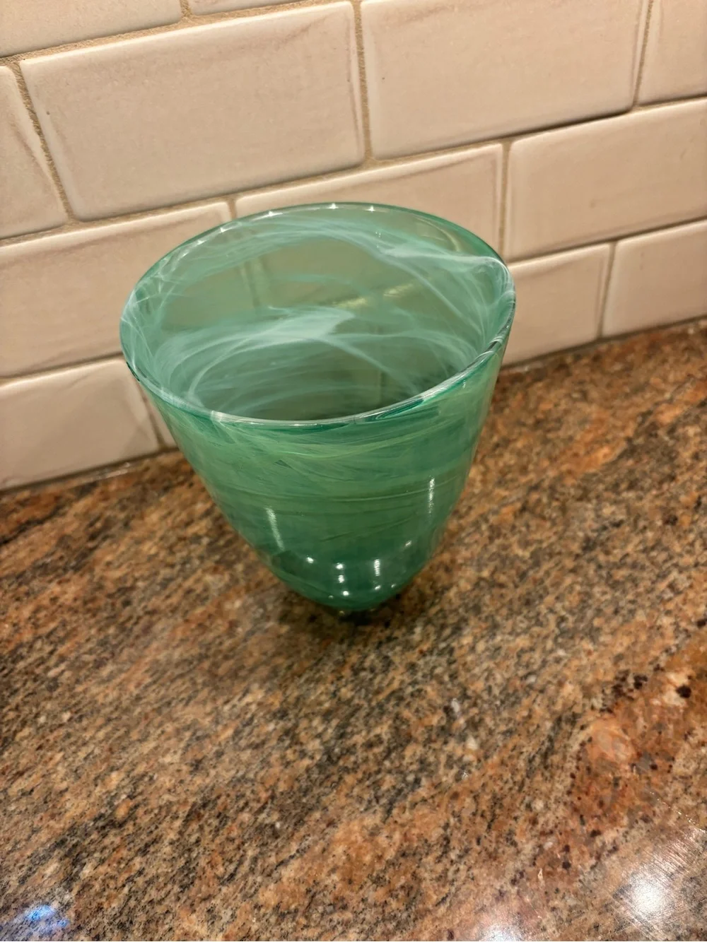 Murano Kosta Boda Style Green Marbled Swirled Glass Vase 7” Tall